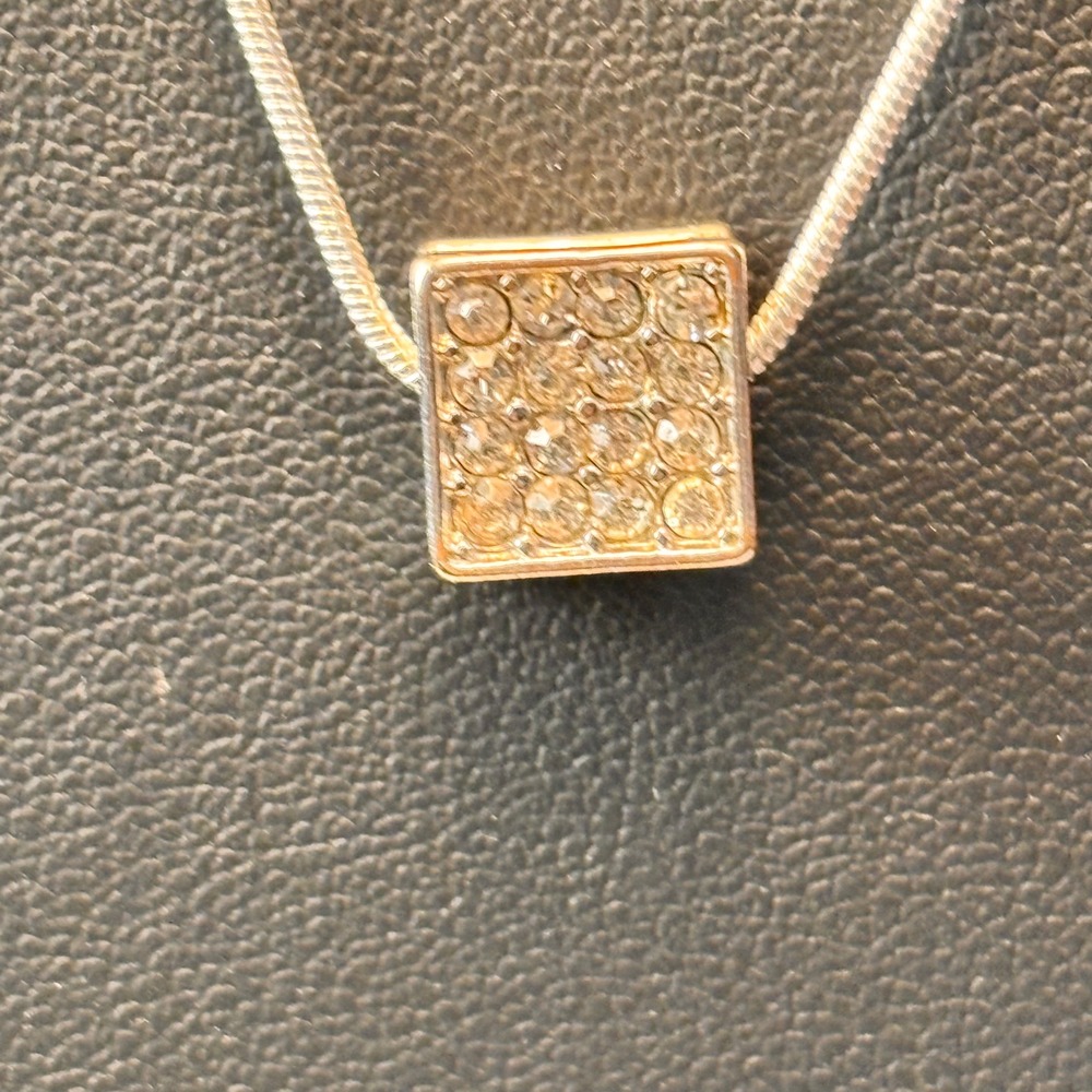 Vintage Necklace Silver Pave Square Pendant Snake Chain Minimalist Boho Jewelry